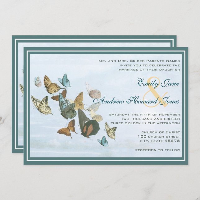Deep Teal Whimsical Butterfly Wedding Invitation (Front/Back)