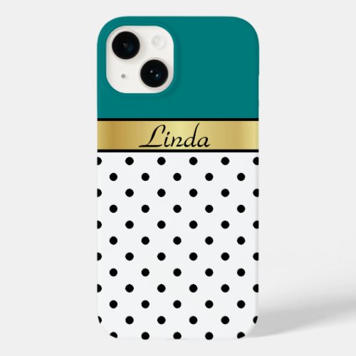 Deep Teal White  Black Polka Dotted Gold Ribbon Case_Mate iPhone 14 Case