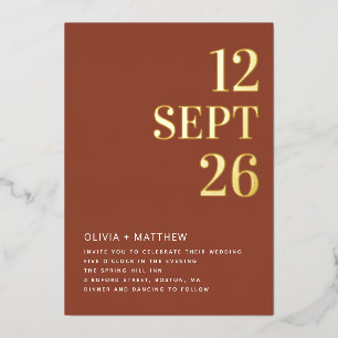 Deep Terracotta & Gold Wedding Minimalist Photo Foil Invitation