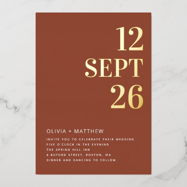 Deep Terracotta & Gold Wedding | Minimalist Photo Foil Invitation (Front)