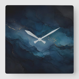 Deep Tide Teal Gold Ocean Abstract Poster Square Wall Clock
