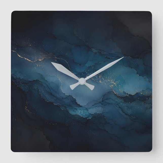 Deep Tide Teal Gold Ocean Abstract Poster Square Wall Clock (Front)