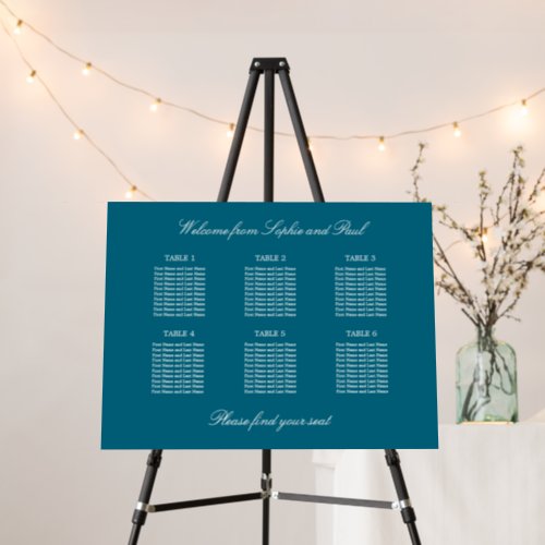 Deep Turquoise Blue 6 Table Wedding Seating Chart Foam Board