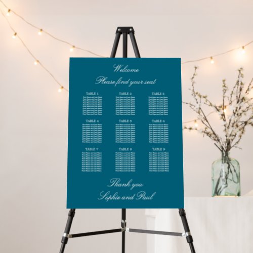 Deep Turquoise Blue 9 Table Wedding Seating Chart Foam Board
