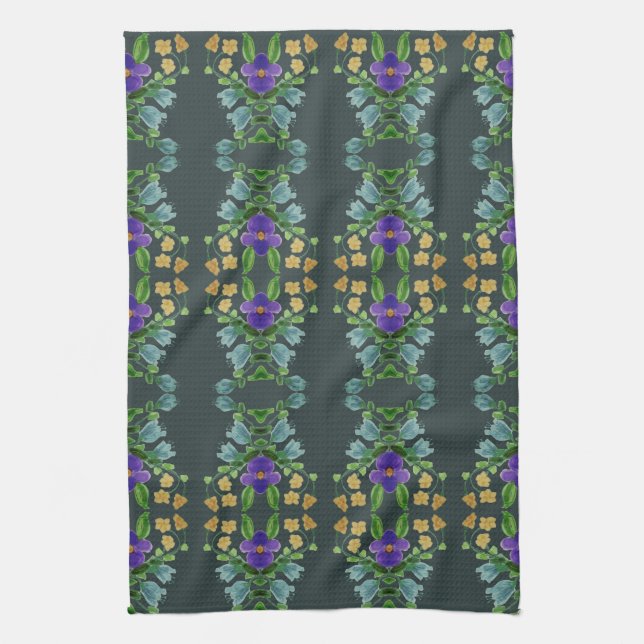 Deep Turquoise Floral Kitchen Towel (Vertical)
