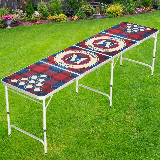Deep Twilight Plaid Family Monogram & Name Beer Pong Table (Creator Uploaded)
