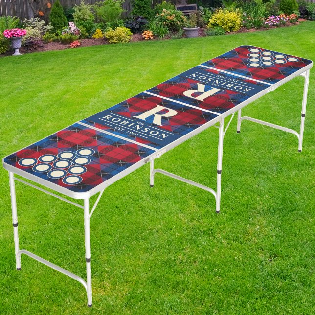 Deep Twilight Plaid Family Name & Initial Beer Pong Table (Creator Uploaded)