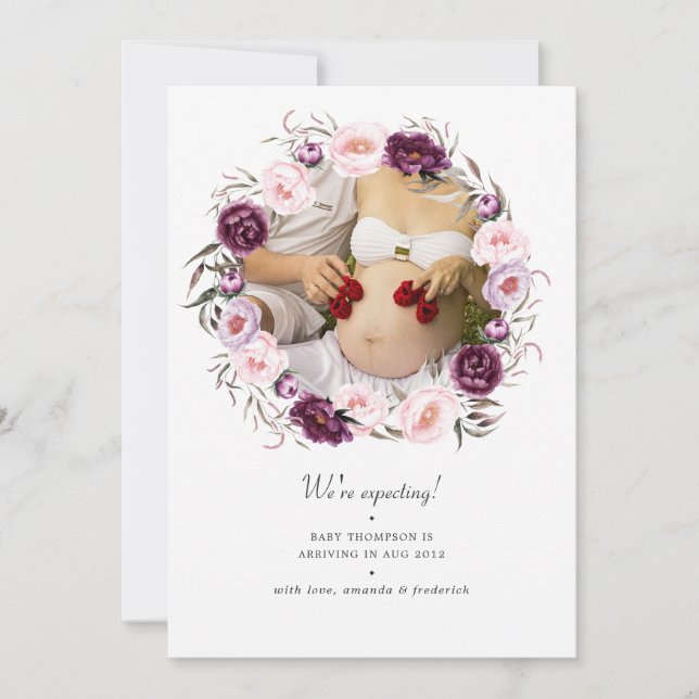 Deep Velvet and Blush Pink Floral Photo Pregnancy Announcement (Front)