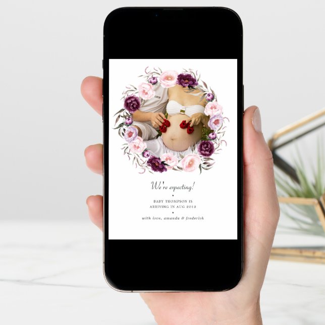 Deep Velvet and Blush Pink Floral Photo Pregnancy Announcement (Front Digital)