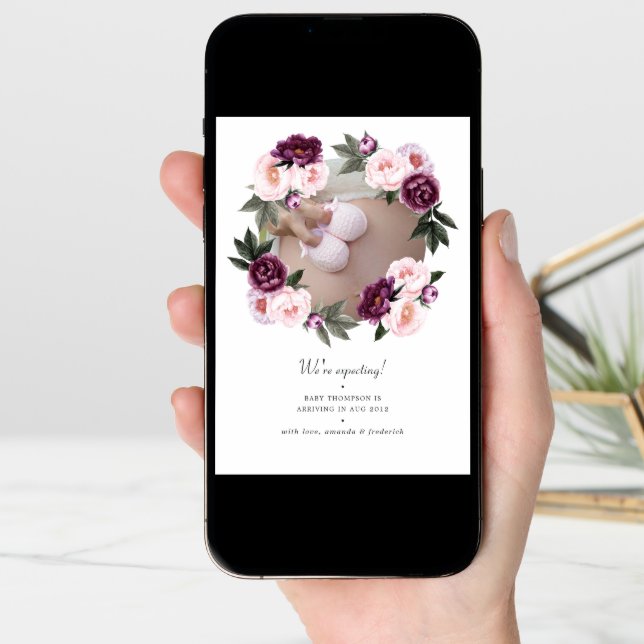 Deep Velvet and Blush Pink Floral Photo Pregnancy Announcement (Front Digital)