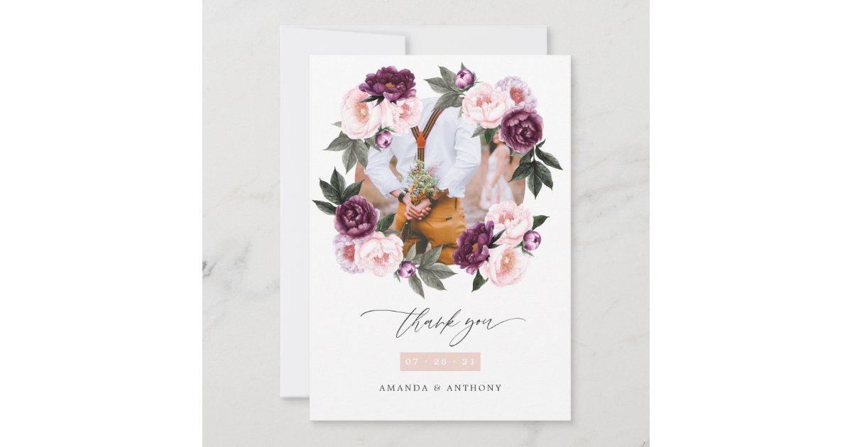 Deep Velvet and Blush Pink Floral Wedding Photo Thank You Card | Zazzle