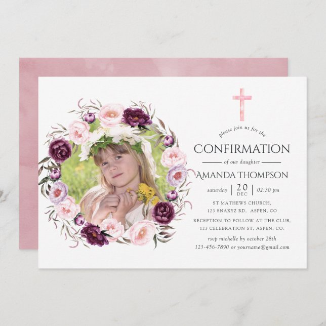 Deep Velvet and Bush Pink Confirmation Invitation (Front/Back)