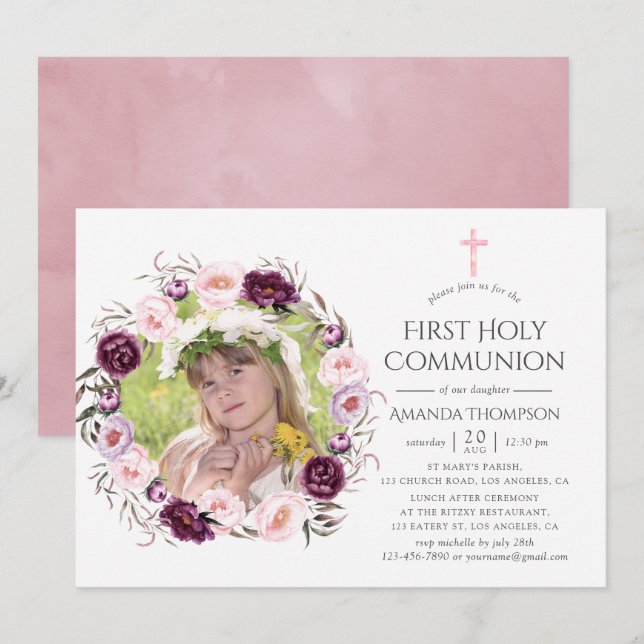 Deep Velvet and Bush Pink Floral First Communion Invitation (Front/Back)