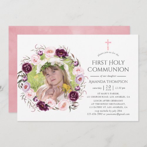 Deep Velvet and Bush Pink Floral First Communion Invitation