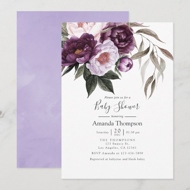 Deep Velvet Floral Baby Shower Invitation (Front/Back)