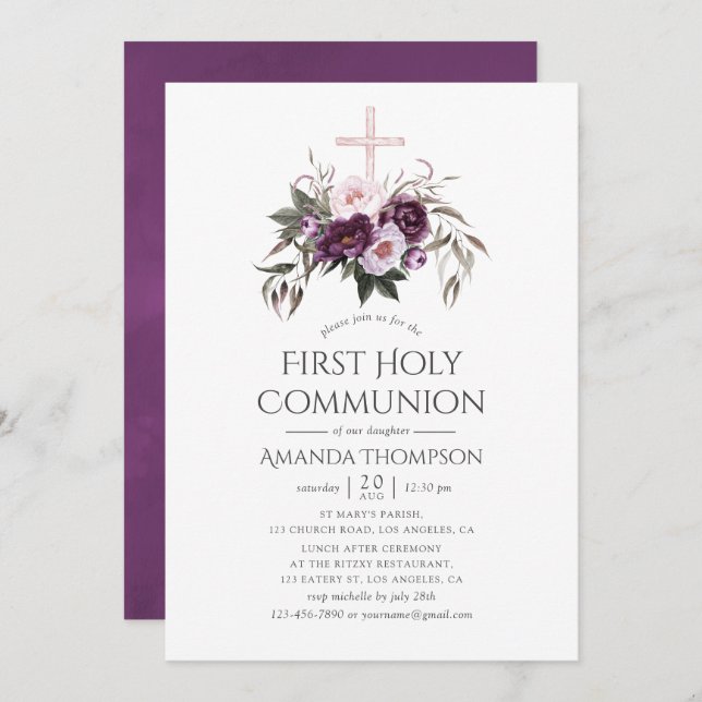Deep Velvet Floral First Holy Communion Invitation (Front/Back)