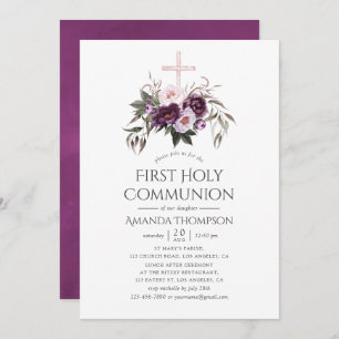 Deep Velvet Floral First Holy Communion Invitation