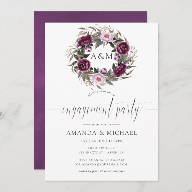 Deep Velvet Floral Monogram Engagement Party Invitation (Front/Back)