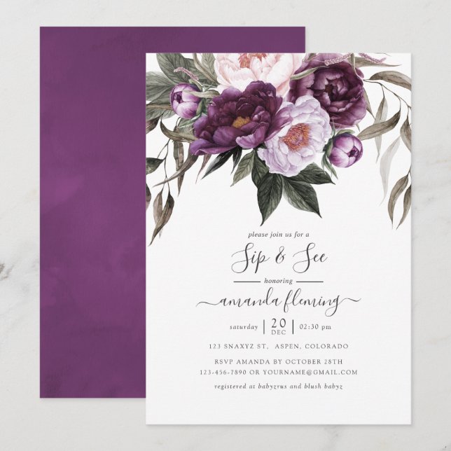 Deep Velvet Floral Sip and See Invitation (Front/Back)
