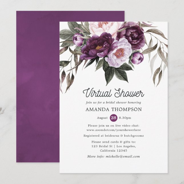 Deep Velvet Floral Virtual Bridal Shower Invitation (Front/Back)