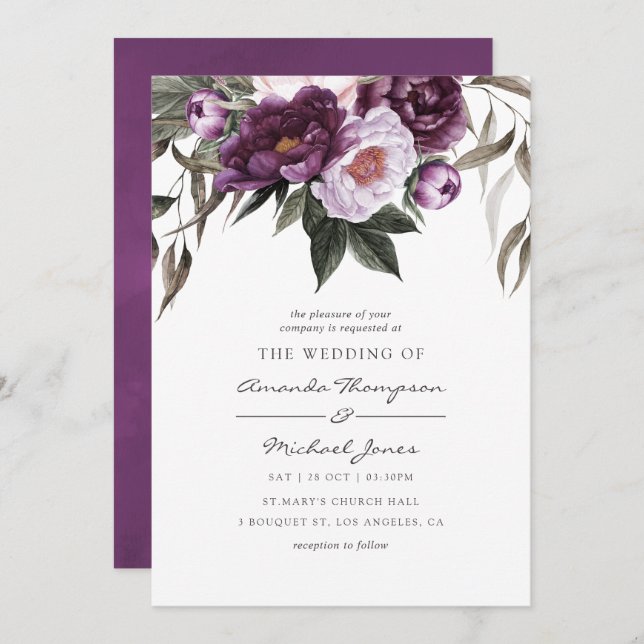 Deep Velvet Floral Wedding Invitation (Front/Back)