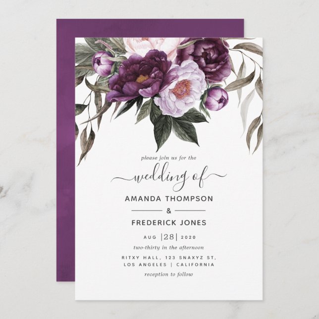 Deep Velvet Floral Wedding Invitation (Front/Back)
