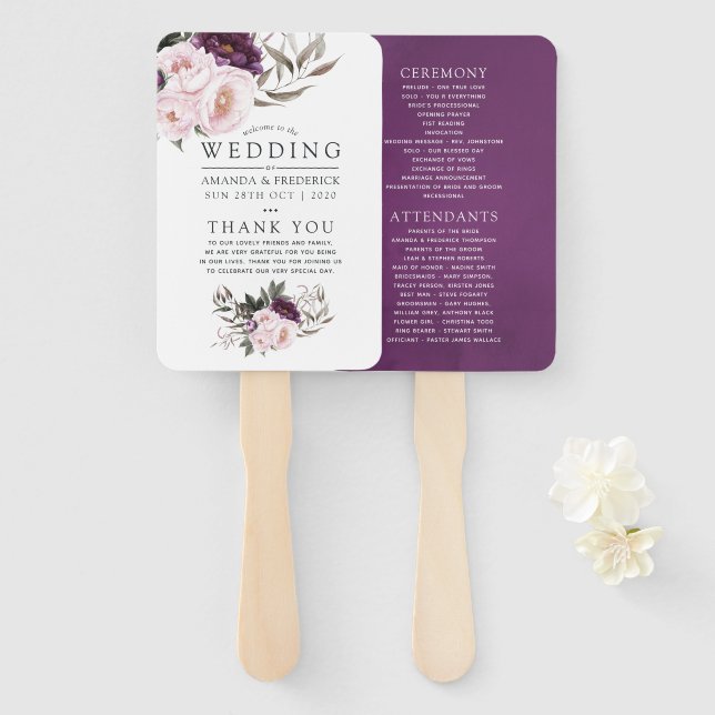Deep Velvet Floral Wedding Program Hand Fan (Front and Back)