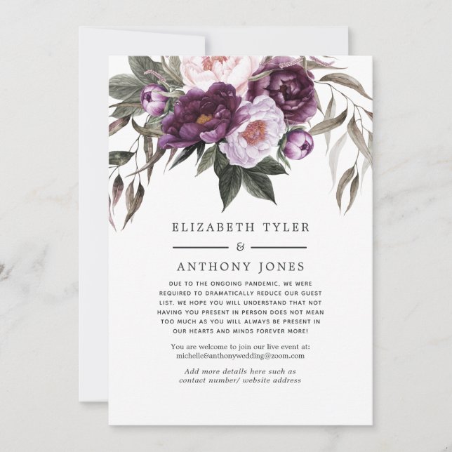 Deep Velvet Floral Wedding Reduced Guest List Announcement (Front)