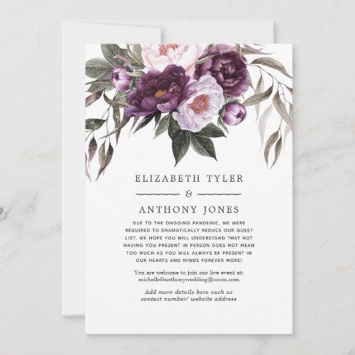 Deep Velvet Floral Wedding Reduced Guest List Announcement