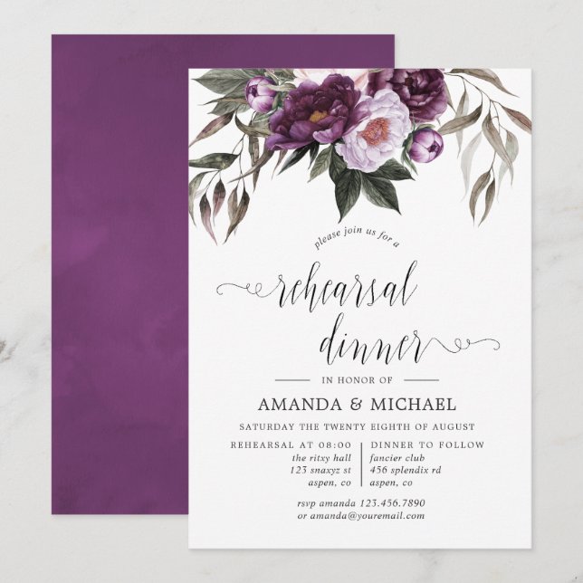 Deep Velvet Floral Wedding Rehearsal Dinner Invitation (Front/Back)