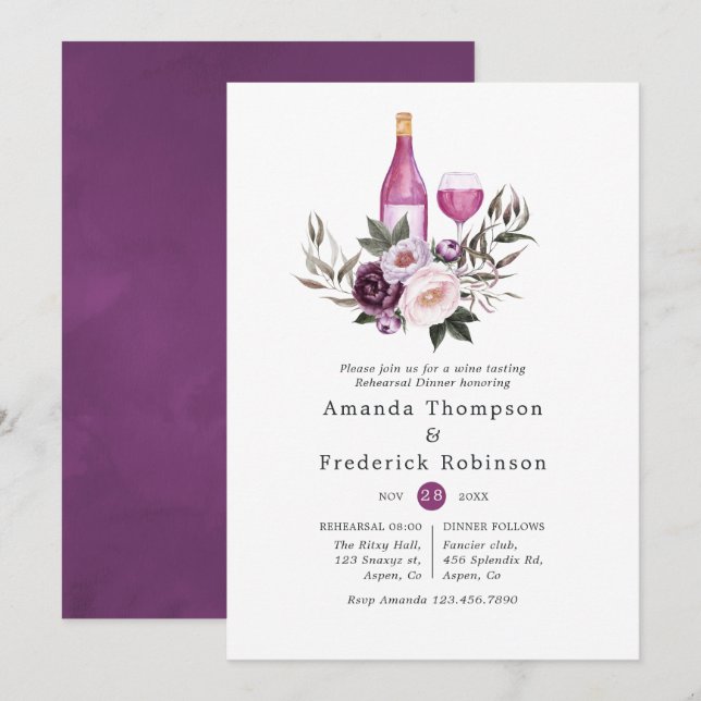 Deep Velvet Floral Wine Tasting Rehearsal Dinner Invitation (Front/Back)