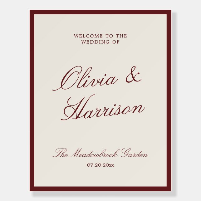 Deep Wine Calligraphy Wedding Welcome Foam Board (Front)