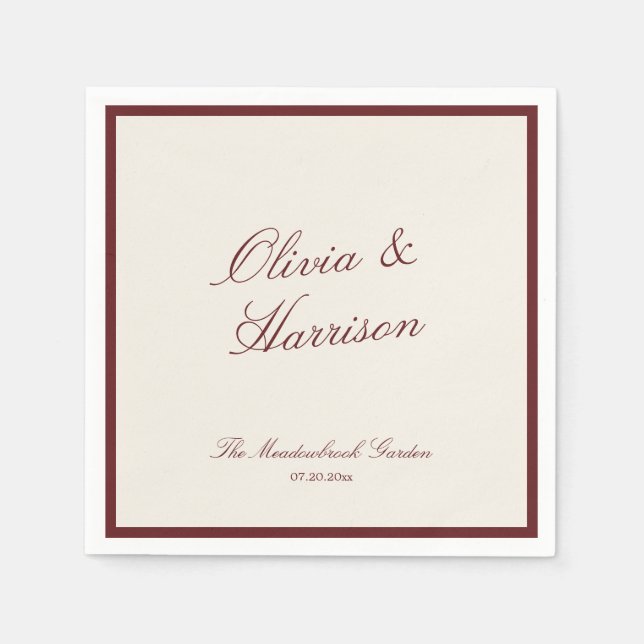 Deep Wine Classic Calligraphy Old Money Wedding Napkins (Front)