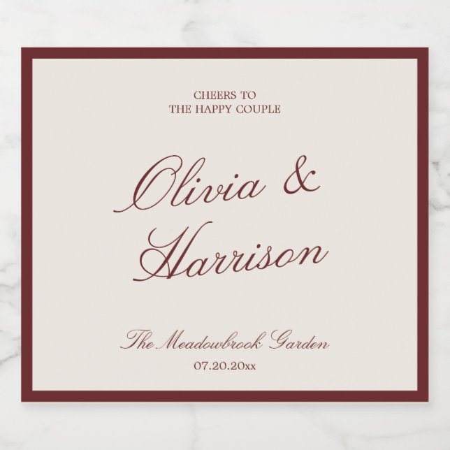 Deep Wine Classic Calligraphy Wedding Sparkling Wine Label (Single Label)