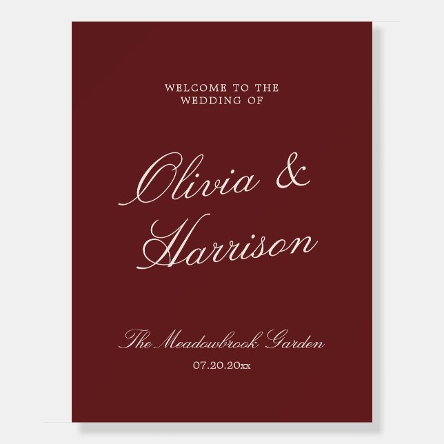 Deep Wine Old Money Wedding Welcome Foam Board (Front)