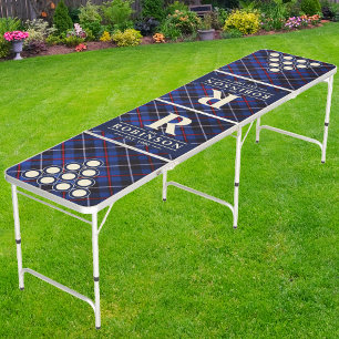 Deep Wine Plaid Family Name & Initial Beer Pong Table