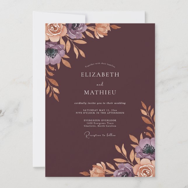 Deep Wine Ranunculus Eucalyptus Wedding Invitation (Front)