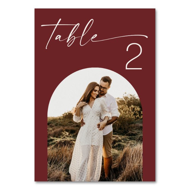 Deep Wine Red Fall Wedding | Minimalist Arch Photo Table Number (Front)