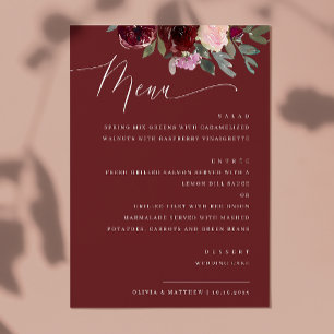 Deep Wine Red Floral Wedding Fall Garden Roses Menu