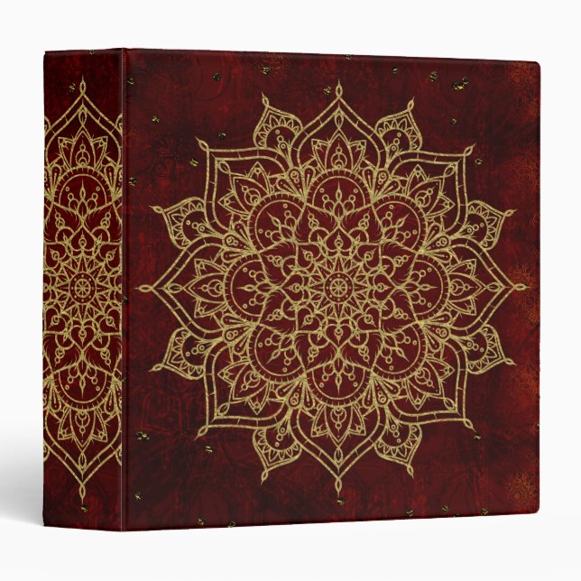 Deep Wine Red Mandala & Gold Glam Modern Chic 3 Ring Binder (Front/Spine)