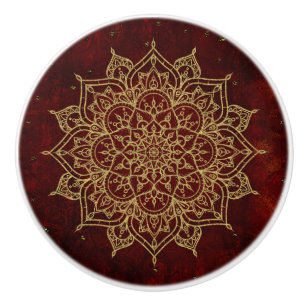 Deep Wine Red Mandala & Gold Glam Modern Chic Ceramic Knob