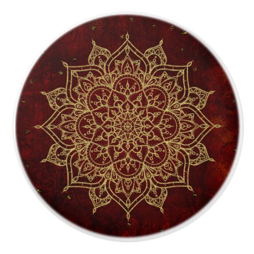 Deep Wine Red Mandala  Gold Glam Modern Chic Ceramic Knob