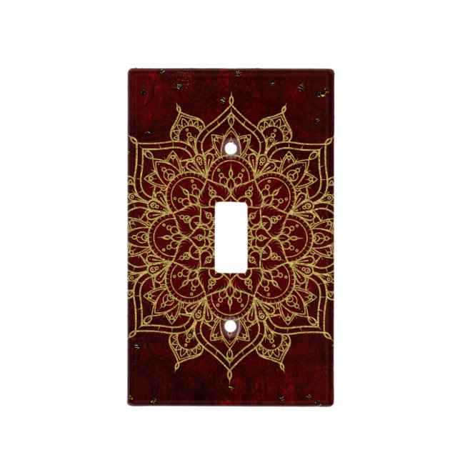 Deep Wine Red Mandala & Gold Glam Modern Chic Light Switch Cover (Front)