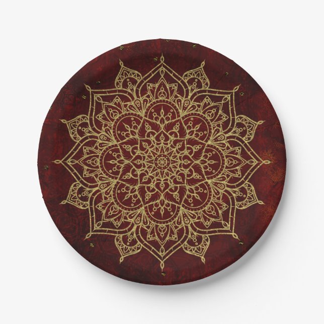 Deep Wine Red Mandala & Gold Glam Modern Chic Paper Plates (Front)