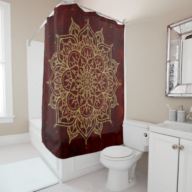 Deep Wine Red Mandala & Gold Glam Modern Chic Shower Curtain (In Situ)
