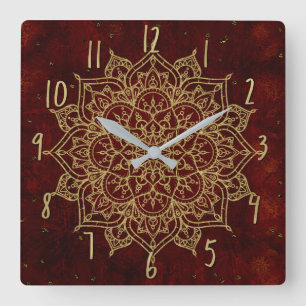 Deep Wine Red Mandala & Gold Glam Modern Chic Square Wall Clock