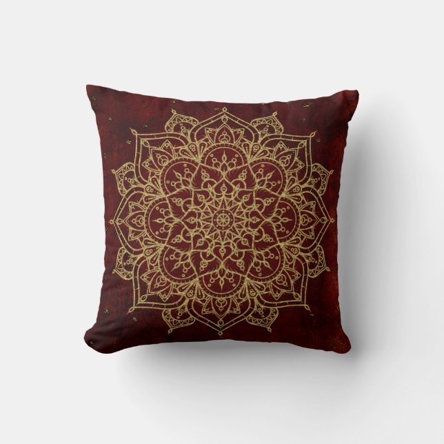 Deep Wine Red Mandala & Gold Glam Modern Chic Throw Pillow (Front)