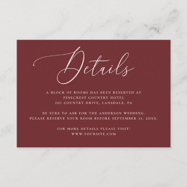 Deep Wine Red Wedding Details | Accommodation Enclosure Card (Front)