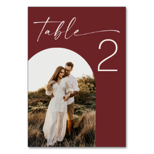 Deep Wine Red Wedding Modern Elegant Arch Photo Table Number