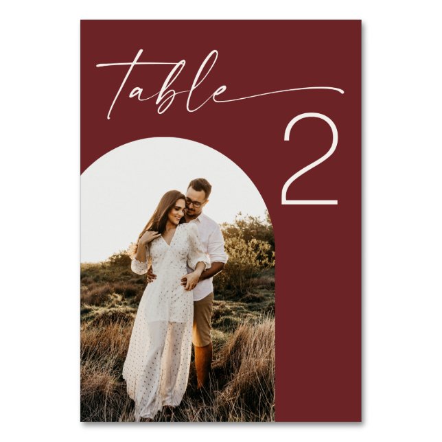 Deep Wine Red Wedding | Modern Elegant Arch Photo Table Number (Front)